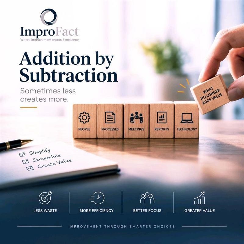 ImproFact graphic: Addition by Subtraction. Wooden blocks labelled people, processes, meetings, reports and technology; a hand lifts away a block reading 'what no longer adds value'.