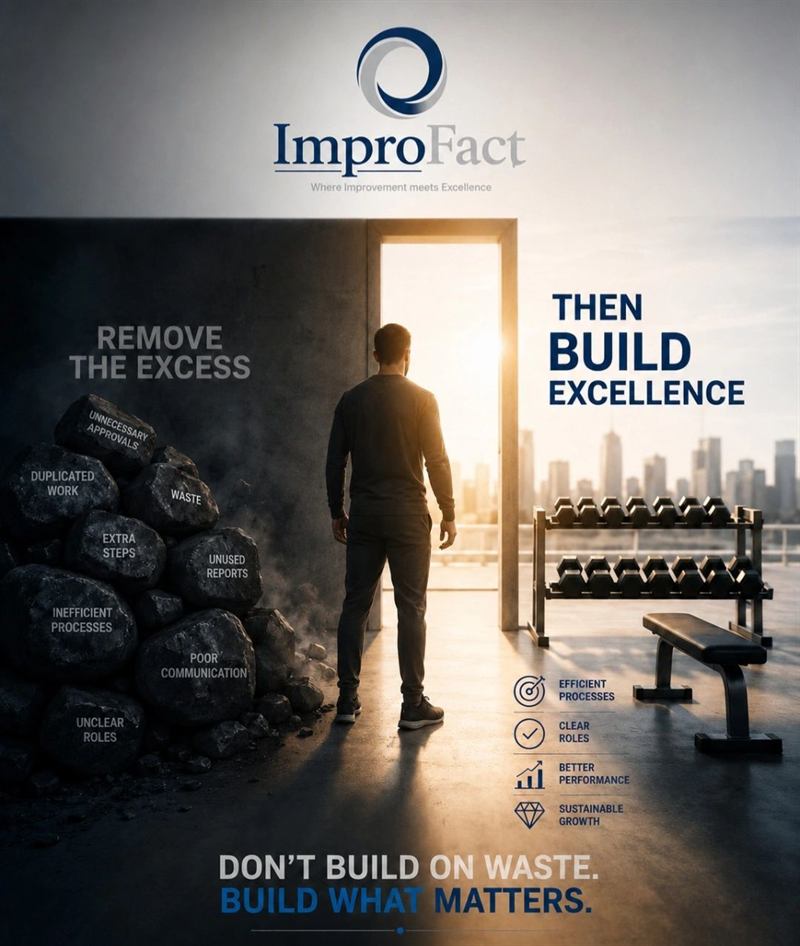ImproFact graphic: Remove the excess, then build excellence. Rocks labelled unnecessary approvals, duplicated work, extra steps and unused reports sit on one side of a doorway; efficient processes and clear roles on the other.