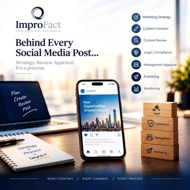 ImproFact graphic: Behind every social media post. A phone shows a branded post beside steps from marketing strategy to monitoring, and wooden blocks for legal, compliance, management and marketing.